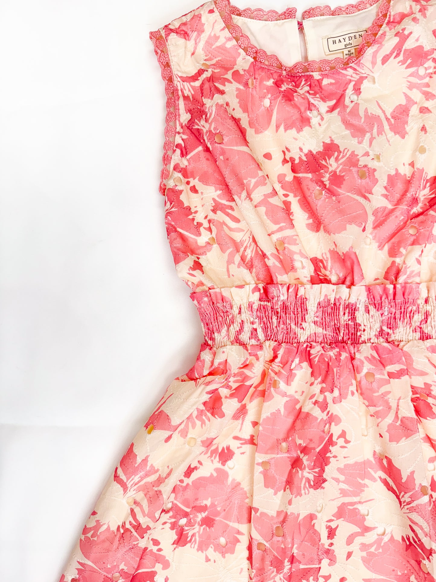 Girls Floral Print Smocked Waist Lace Dress