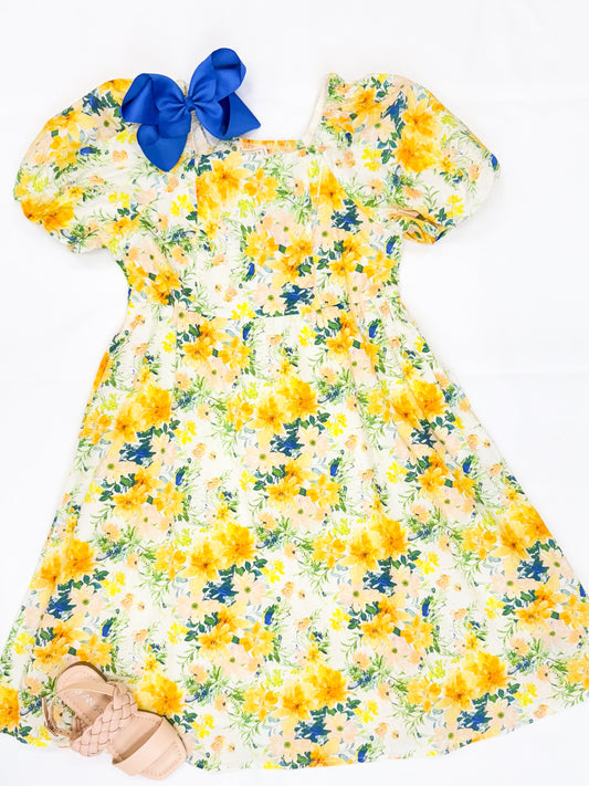 Girls Floral Print Puff Sleeve Dress