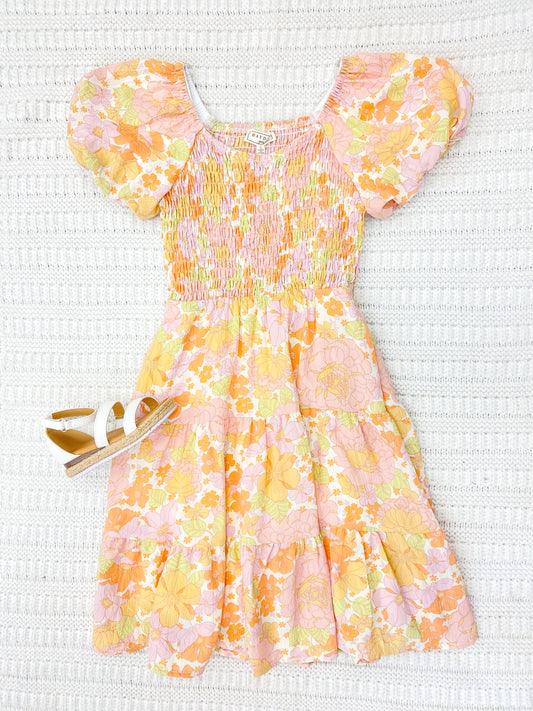 Girls Textured Floral Smocked Puff Sleeve Dress