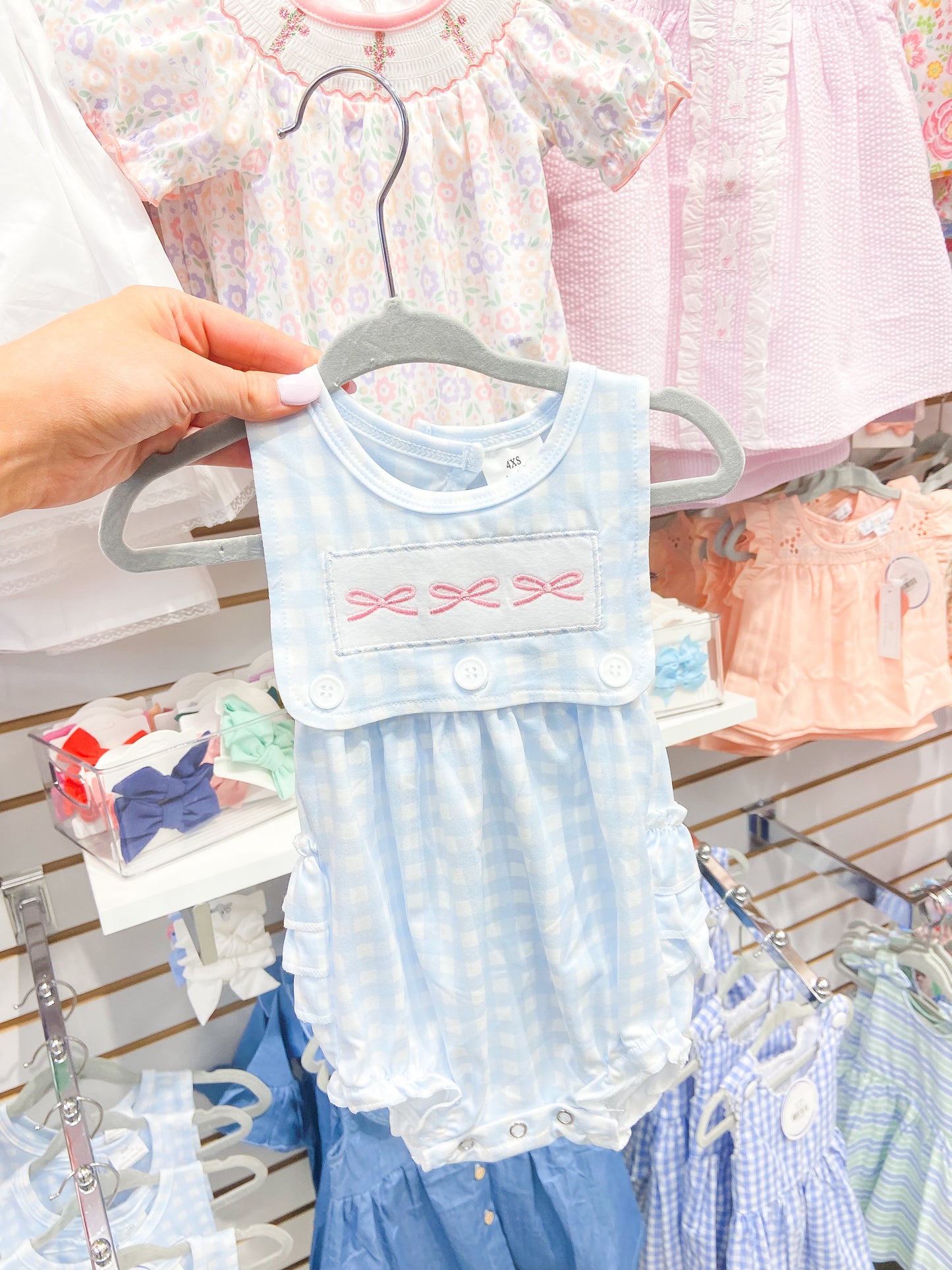 Baby Girls Blue Checkered Sleeveless Bow Romper