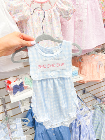 Baby Girls Blue Checkered Sleeveless Bow Romper