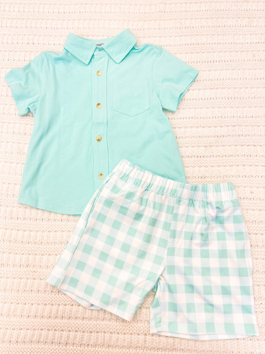 Toddler Boys Mint Plaid Top And Shorts Set