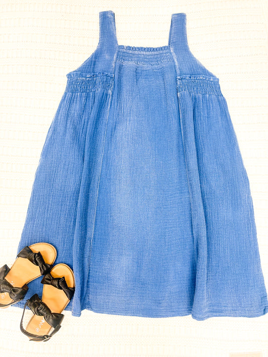 Youth Girls Washed Textured Smock Detail Tank Dress