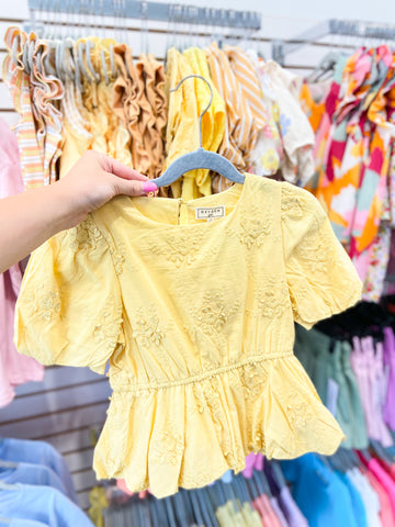 Youth Girls Crochet Floral Eyelet Bubble Peplum Top