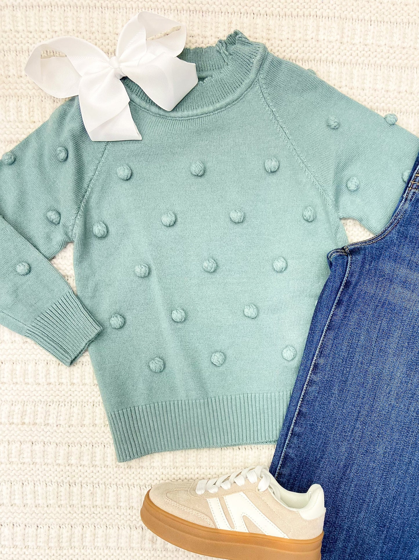 Girls Teal Pom Pom Crew Neck Sweater