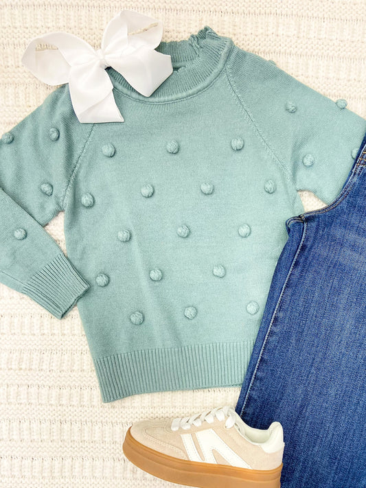 Girls Teal Pom Pom Crew Neck Sweater