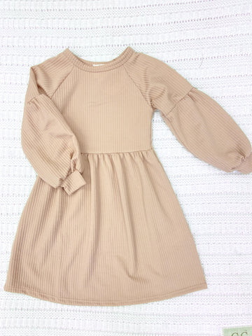 Girls Taupe Long Sleeve Knit Dress