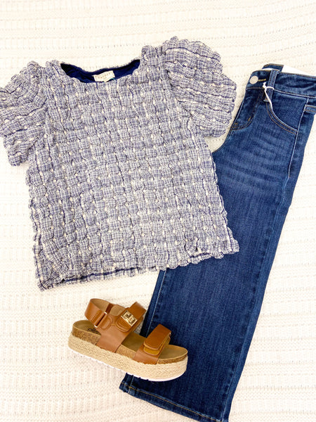 Youth Girls Waffle Textured Puff Sleeve Top