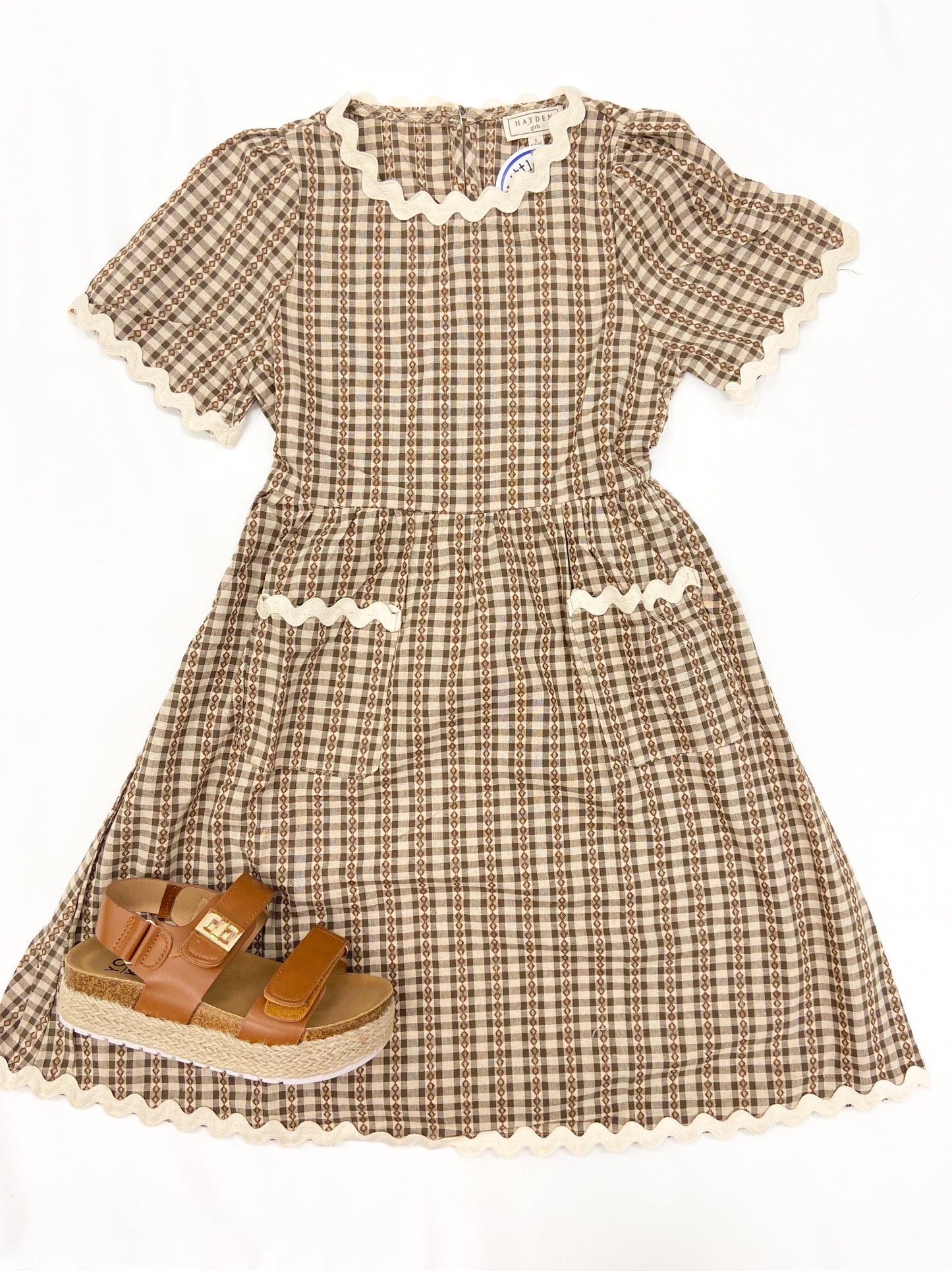 Youth Girls Wavy Twill Trimmed Pocketed Checkered Dress