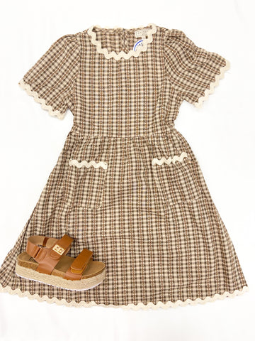 Youth Girls Wavy Twill Trimmed Pocketed Checkered Dress