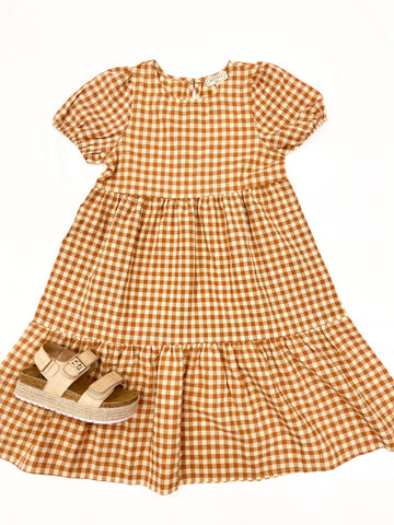 Youth Girls Puff Sleeve Gingham Tiered Dress