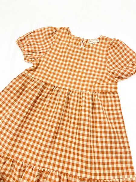 Youth Girls Puff Sleeve Gingham Tiered Dress
