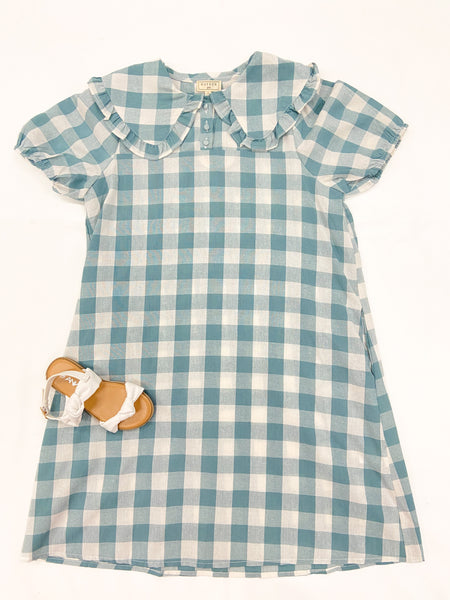 Youth Girls Ruffled Bib Collar Checkered Dress