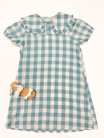 Youth Girls Ruffled Bib Collar Checkered Dress