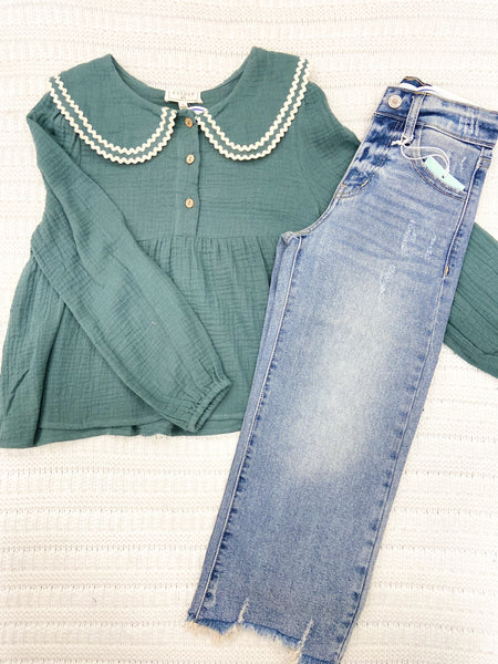 Youth Girls Wavy Twill Trimmed Peter Pan Collar Gauze Top