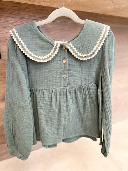 Youth Girls Wavy Twill Trimmed Peter Pan Collar Gauze Top