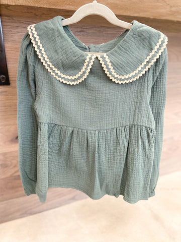 Youth Girls Wavy Twill Trimmed Peter Pan Collar Gauze Top