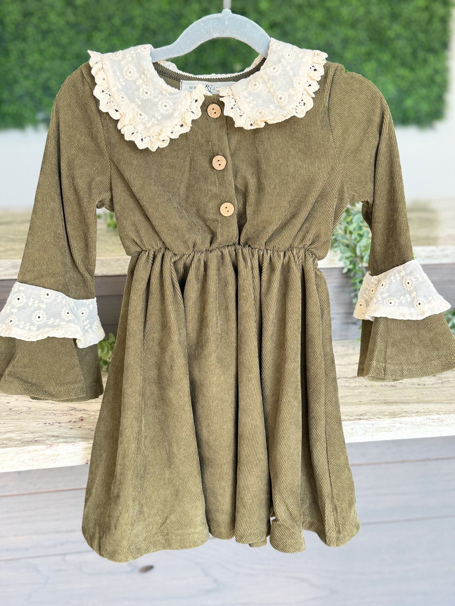 Girls Olive Green Corduroy & Lace Bell Sleeve Fall Dress