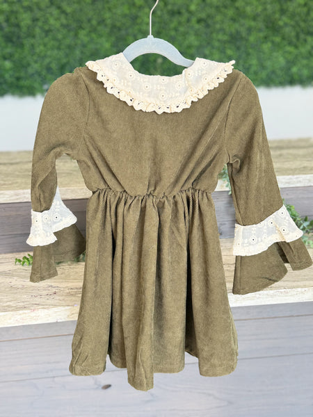 Girls Olive Green Corduroy & Lace Bell Sleeve Fall Dress