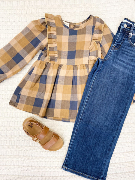 Girls Mustard & Gray Plaid Ruffle Button Top
