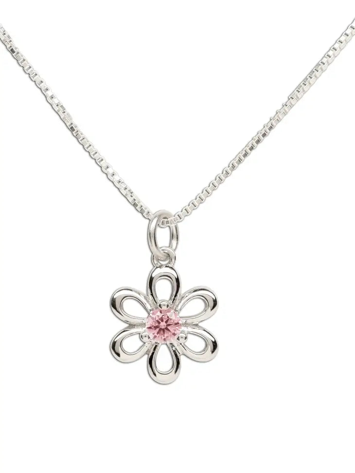 Sterling Silver Girls Pink Daisy Flower Necklace For Kids