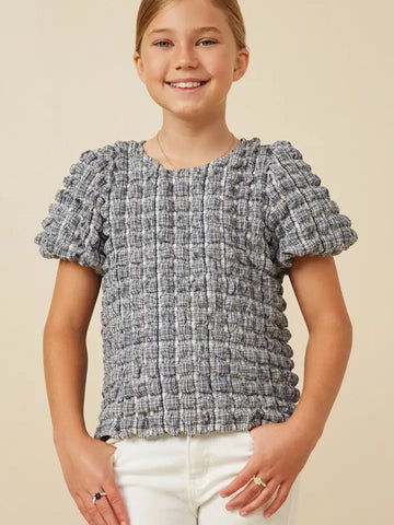 Youth Girls Waffle Textured Puff Sleeve Top
