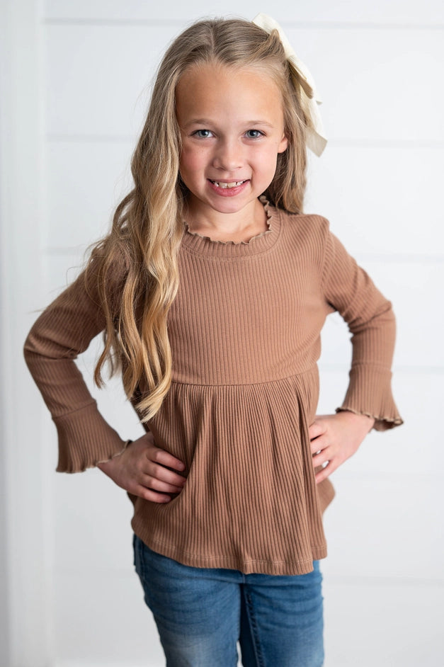 Fall Toffee Long Sleeve Lettuce Trim Ribbed Shirt