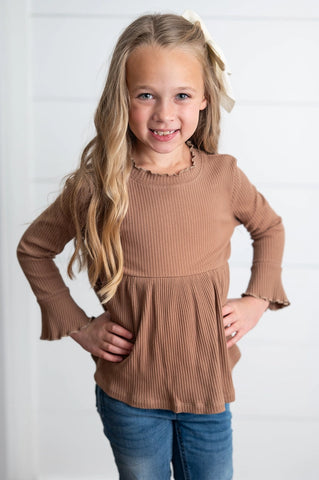 Fall Toffee Long Sleeve Lettuce Trim Ribbed Shirt