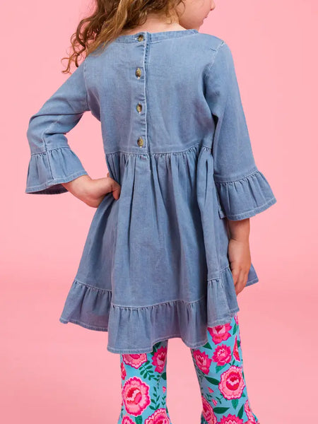Girls Light Wash Denim High Low Ruffle Tunic Top