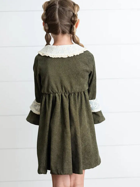 Girls Olive Green Corduroy & Lace Bell Sleeve Fall Dress