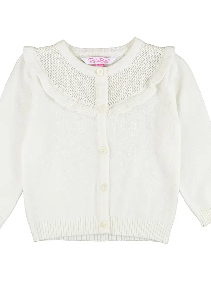 Girls Off-White Sweater Knit Ruffle Trim Cardigan