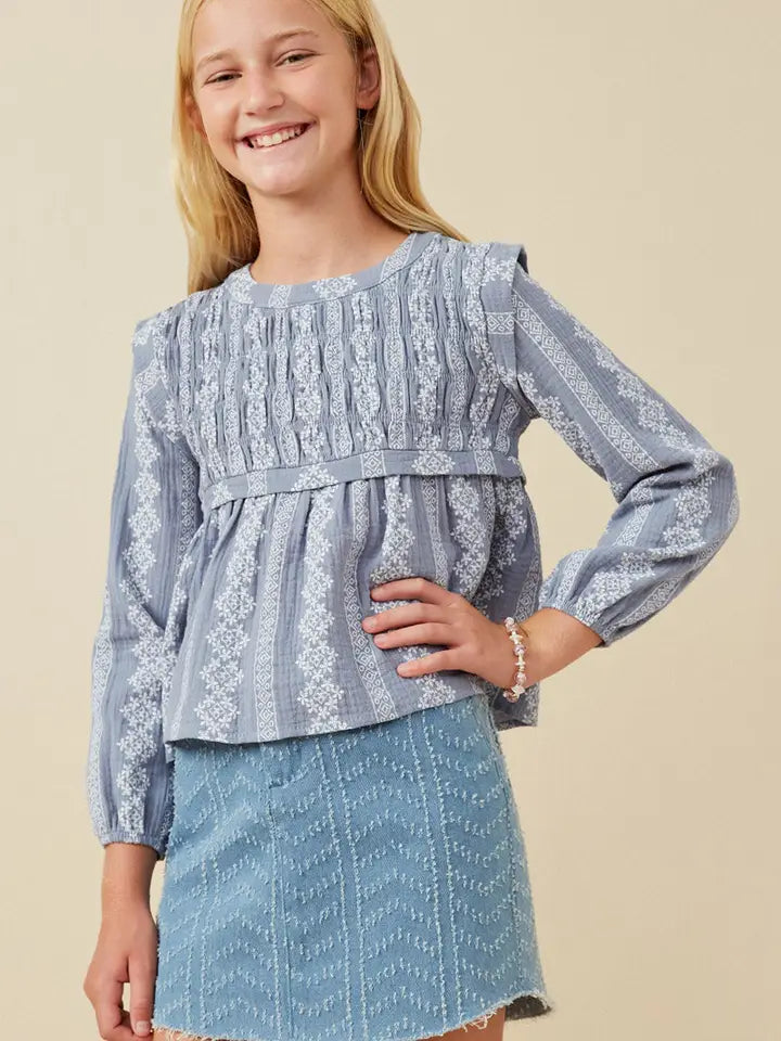Youth Girls Embroidery Printed Smocked Long Sleeve Top