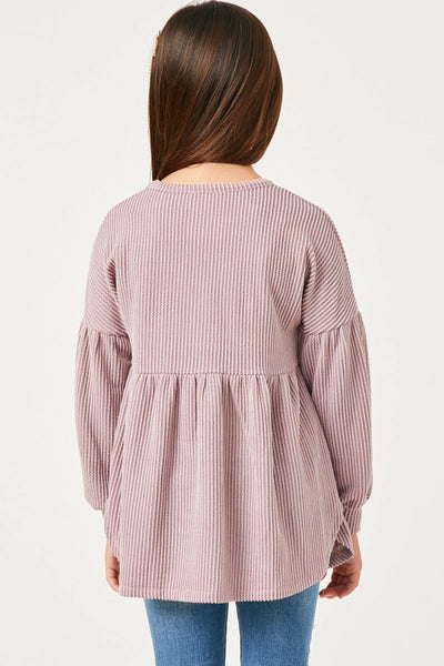 Youth Girls Textured Stripe Babydoll Knit Long Sleeve Top