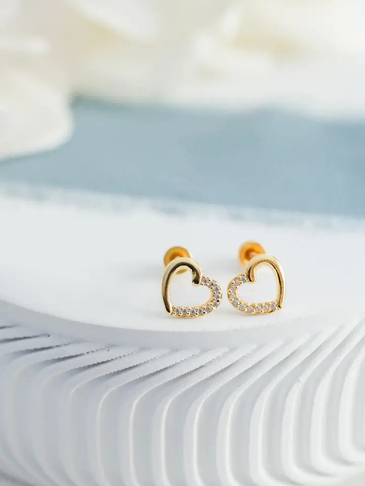 Girls 14K Gold-Plated Open Heart Screw Back Earrings