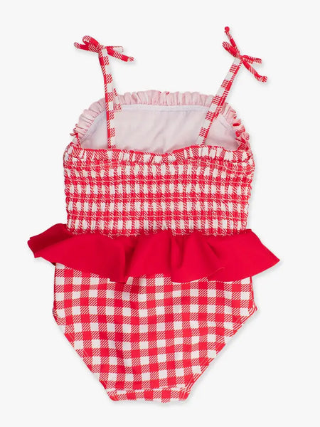 Girls Vintage Red Gingham Smocked Swimsuit