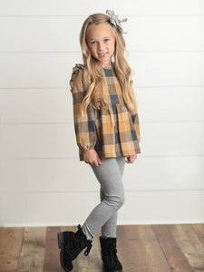 Girls Mustard & Gray Plaid Ruffle Button Top
