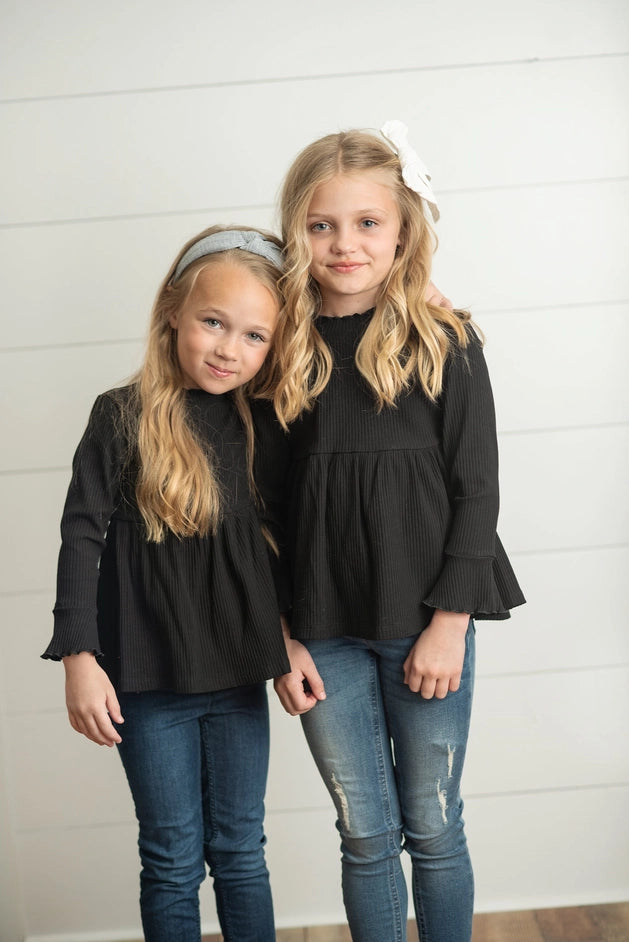 Fall Black Long Sleeve Lettuce Trim Ribbed Shirt