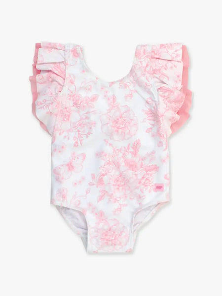 Girls Pink Butterfly Sleeve One Piece Swimsuit