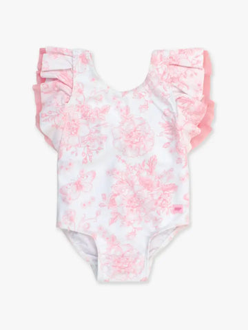 Girls Pink Butterfly Sleeve One Piece Swimsuit