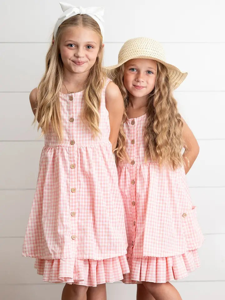 Girls Pink & White Gingham Pocket Ruffle Dress