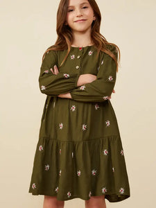 Youth Girls Embroidered Ditzy Floral Buttoned Dress