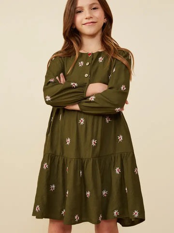 Youth Girls Embroidered Ditzy Floral Buttoned Dress