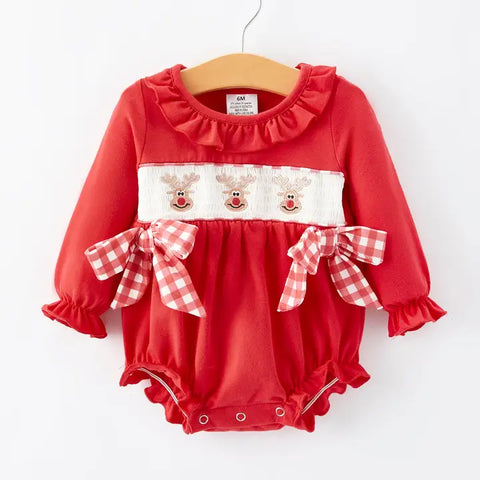 Baby Girls Embroidered Reindeer Bow Romper