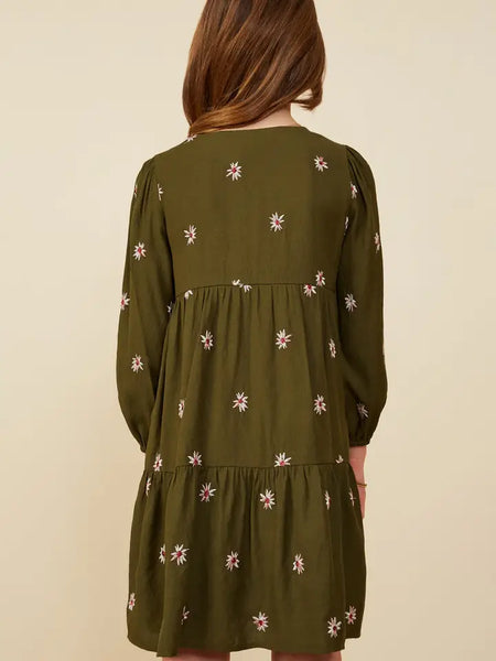 Youth Girls Embroidered Ditzy Floral Buttoned Dress