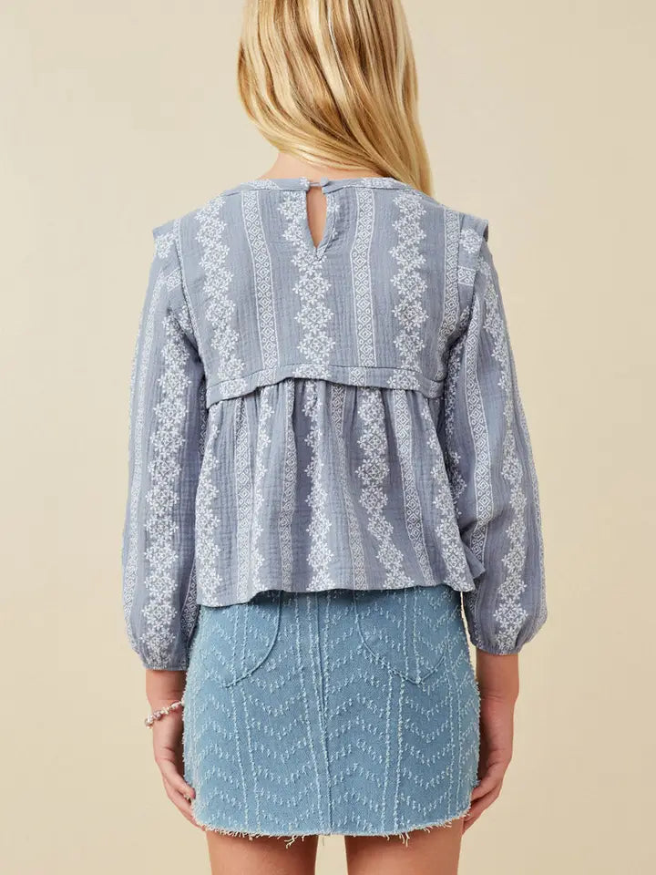 Youth Girls Embroidery Printed Smocked Long Sleeve Top