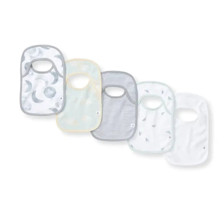 Set Of 5 Organic Cotton Lap Shoulder Baby Bibs - Hello Moon