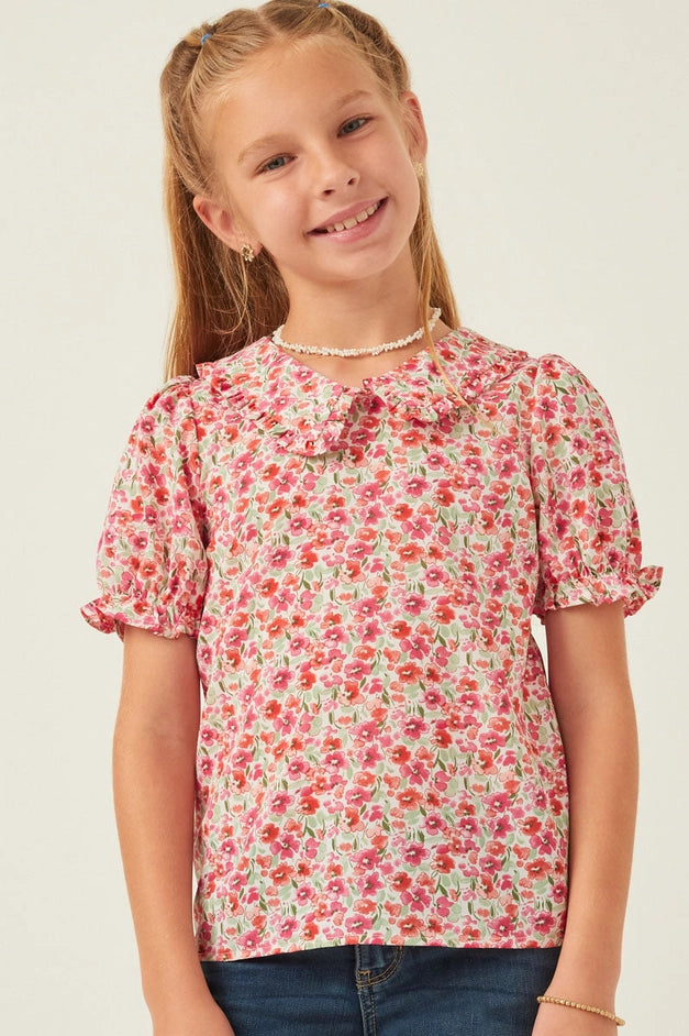Youth Girls Ruffle Collar Cinch Sleeve Top