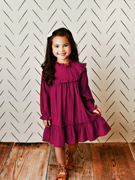 Girls Annie Plum Ruffled Long Sleeve Fall Dress