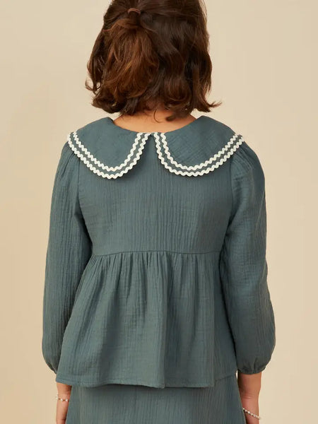 Youth Girls Wavy Twill Trimmed Peter Pan Collar Gauze Top