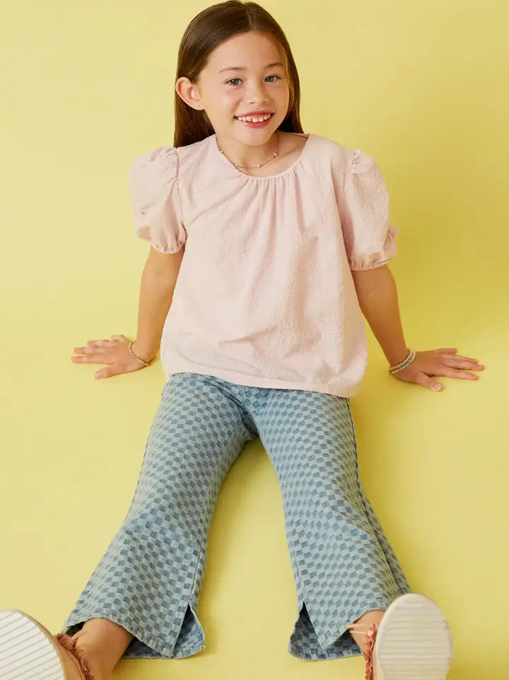 Youth Girls Seersucker Textured Puff Sleeve Top